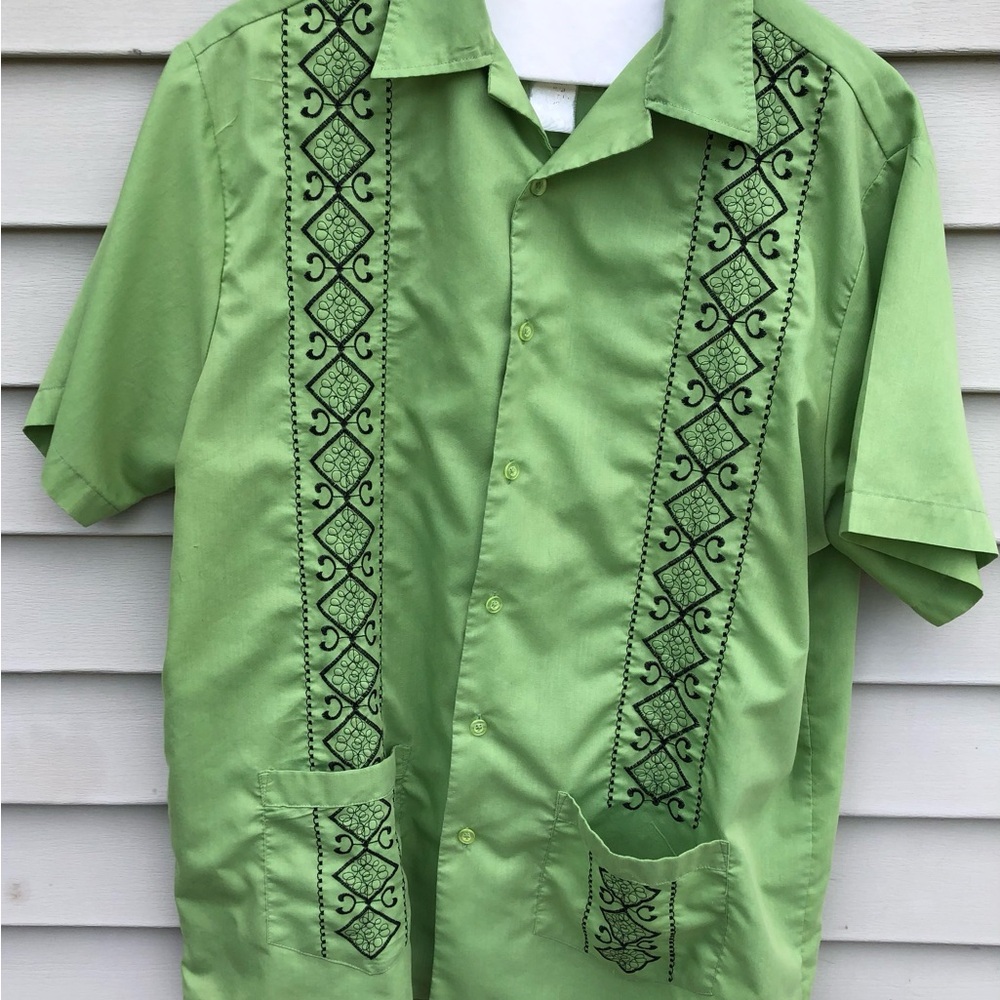 Vintage Haband Light Green Short-Sleeve Embroidered Button-Down Bowling Shirt
